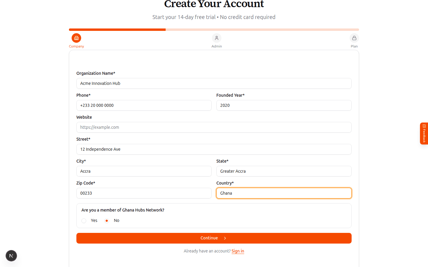 Sign-up step 1: organization details