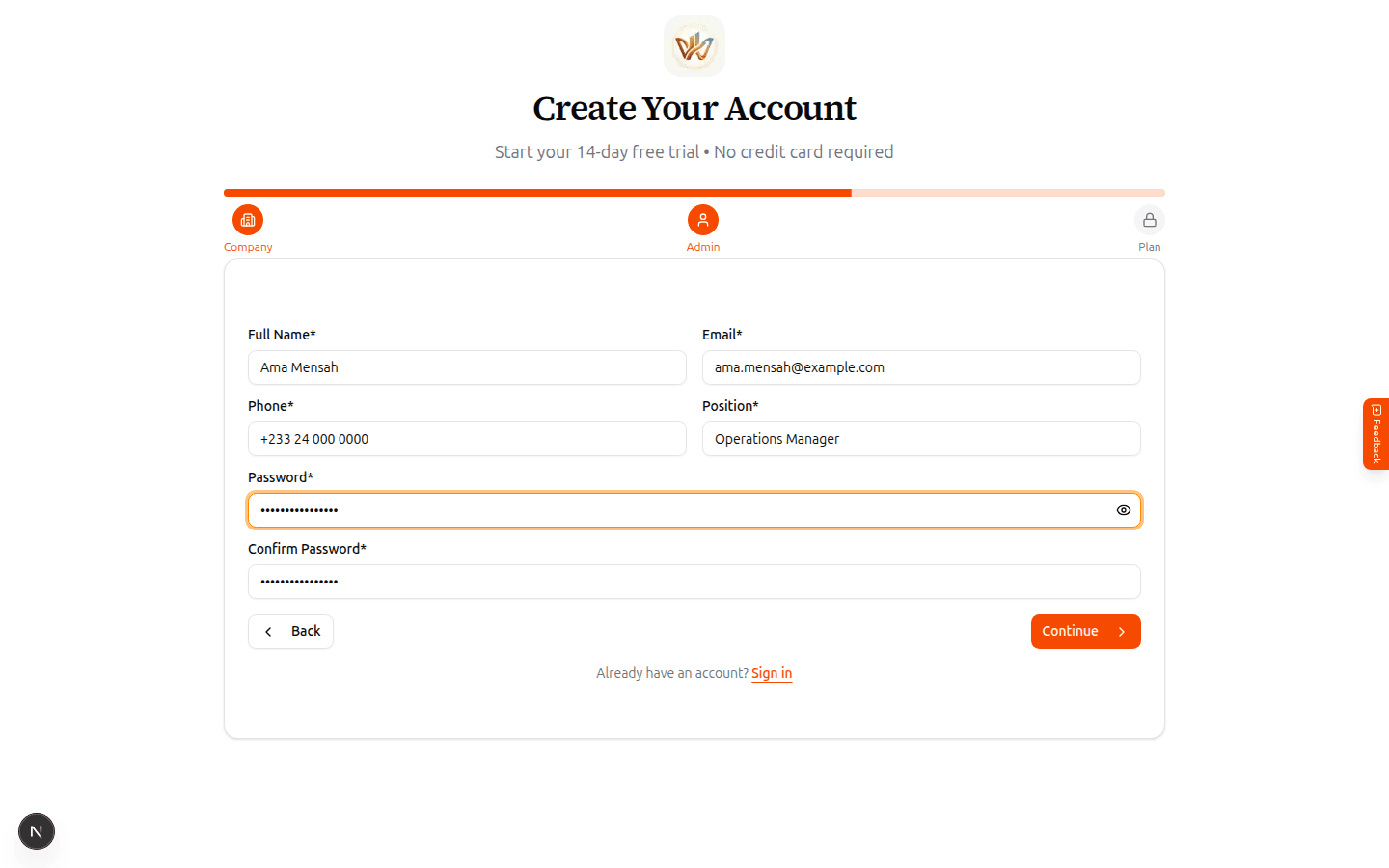 Sign-up step 2: admin account details