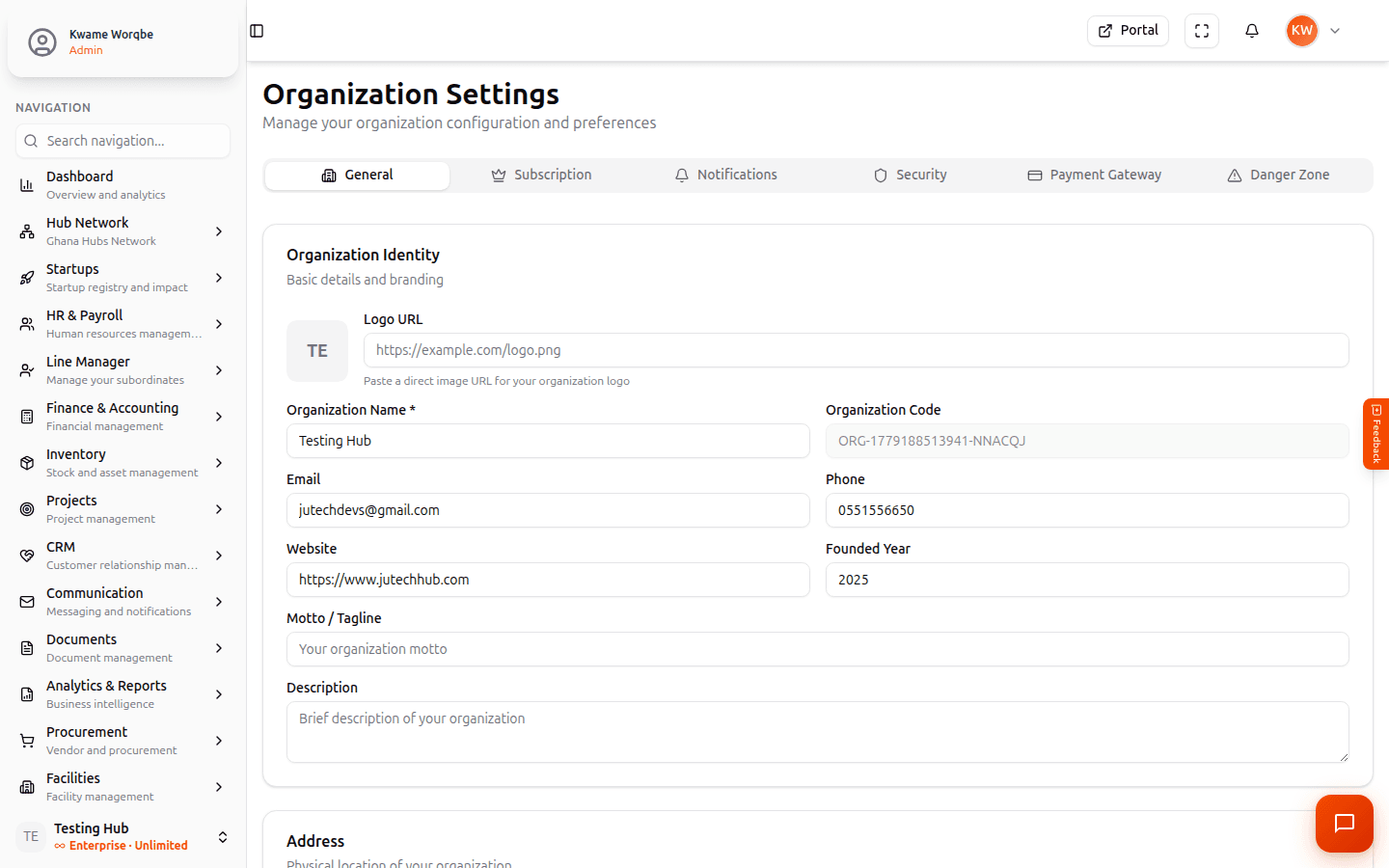 Organization Settings page with identity, contact, and address fields