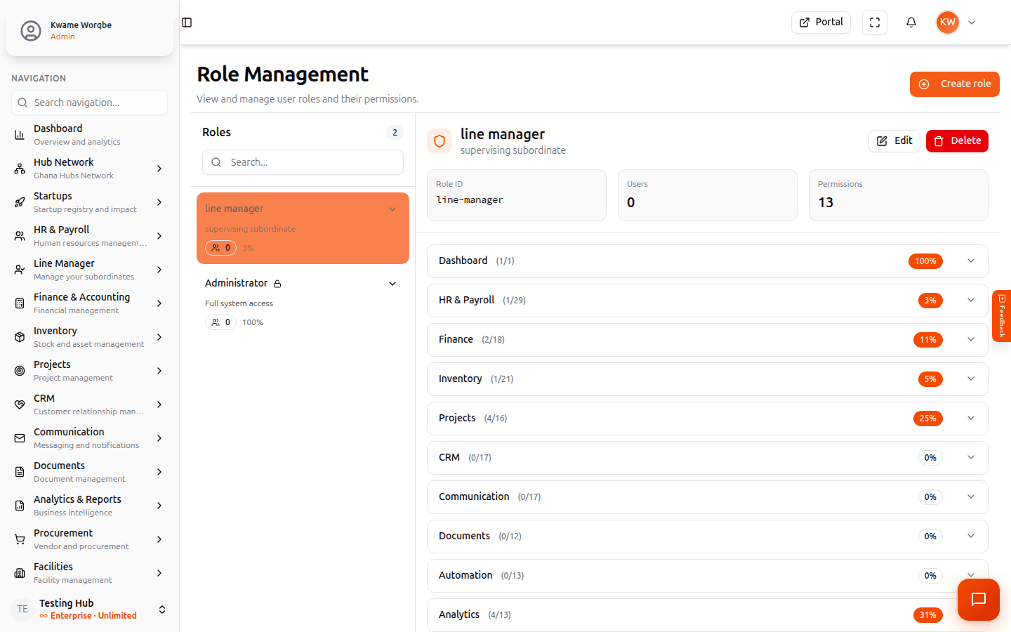 Role Management page with a module-by-module permissions matrix