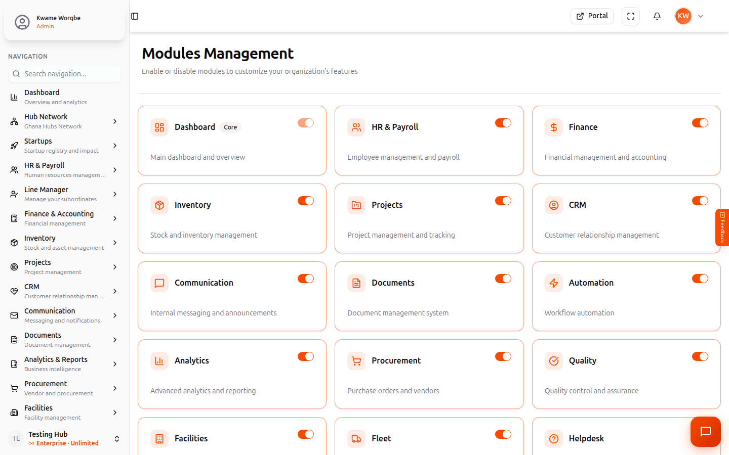 Modules Management page with toggle switches for each module