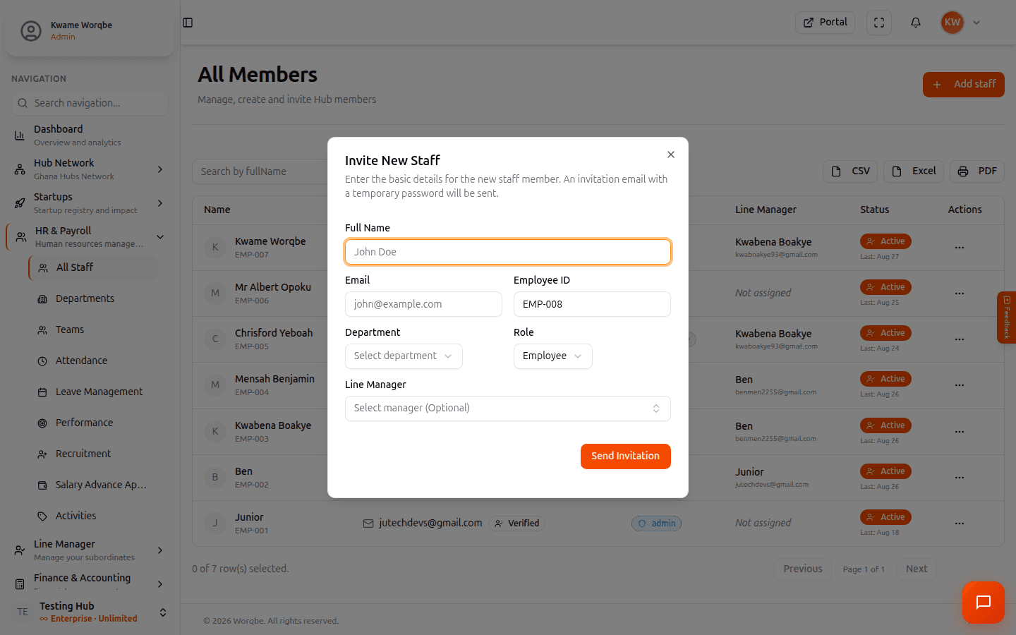 Invite New Staff form with name, email, department, role, and line manager fields