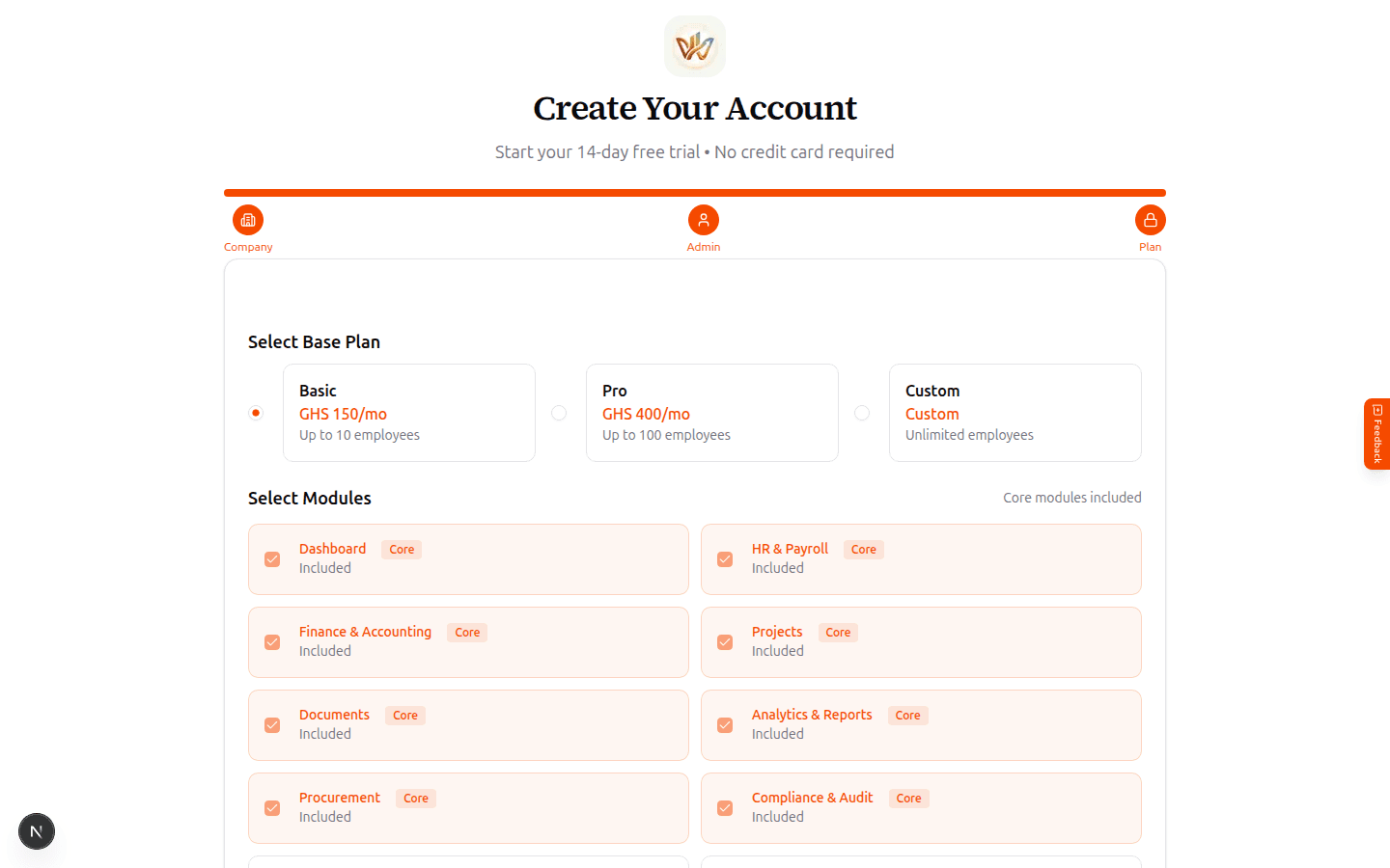 Sign-up step 3: plan and module selection
